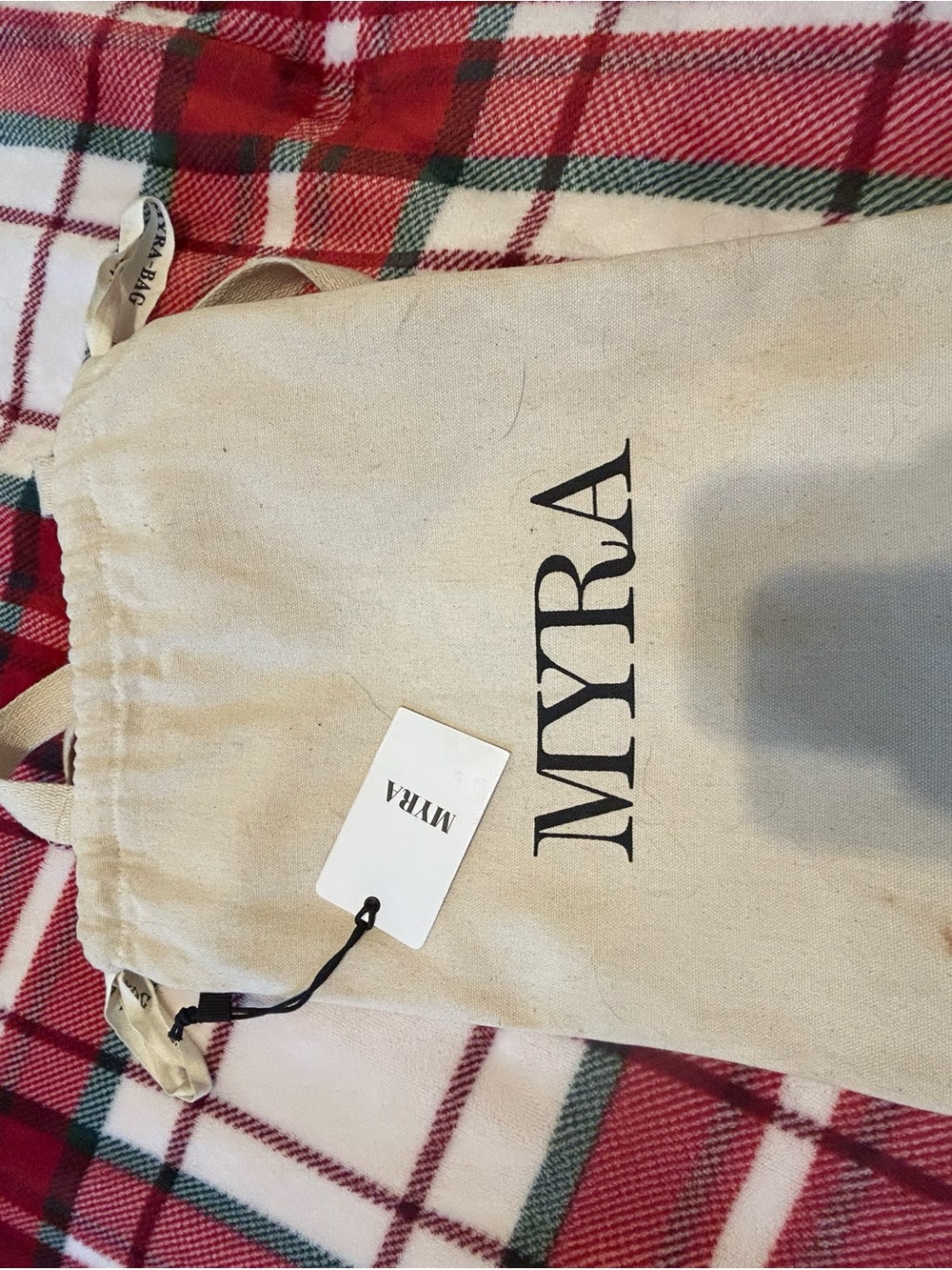Myra Bag Beige Canvas Drawstring Tote with Black Logo